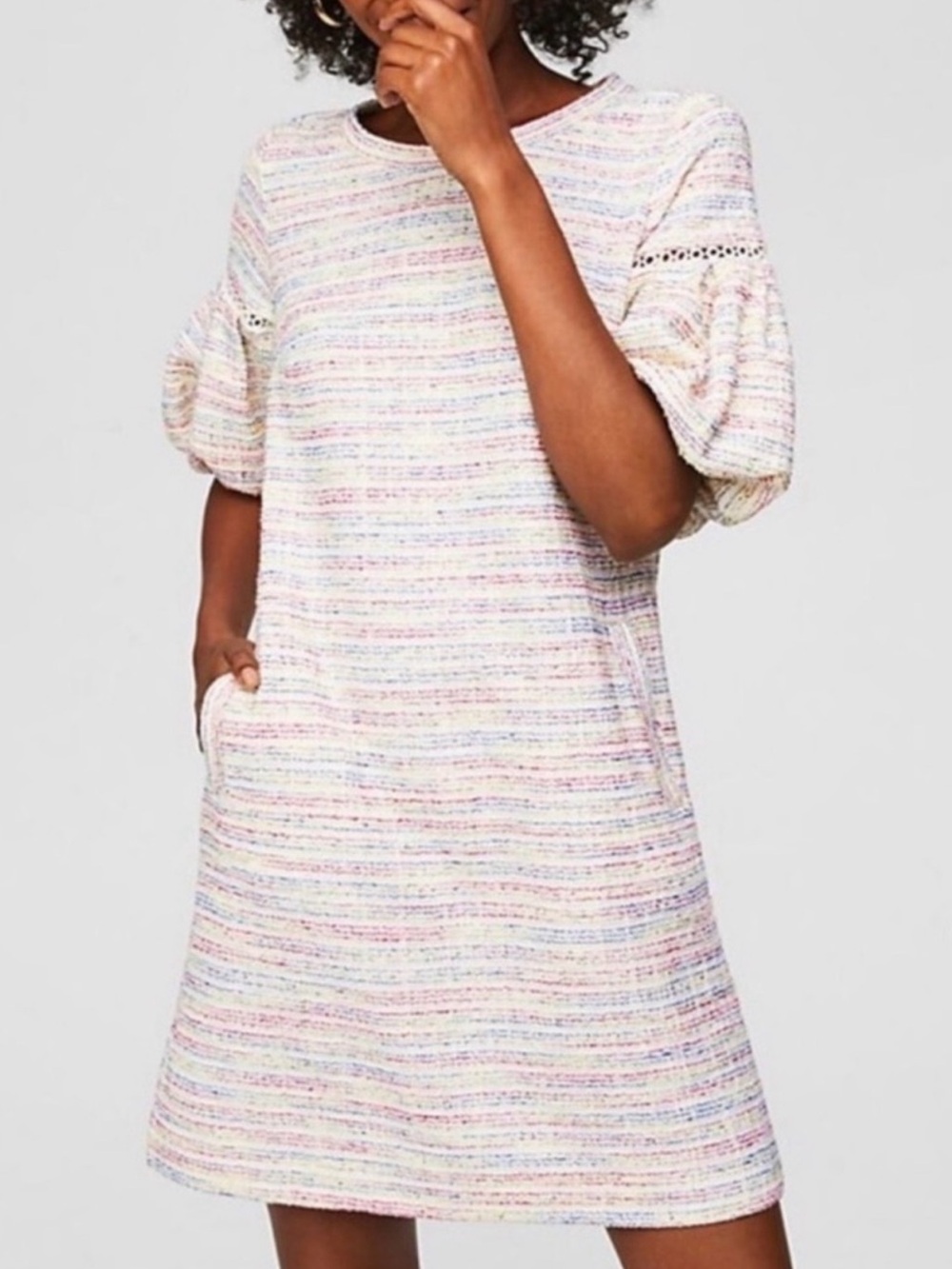 Loft Bubble Sleeve Pocketed Textured Shift Dress - Sz MP